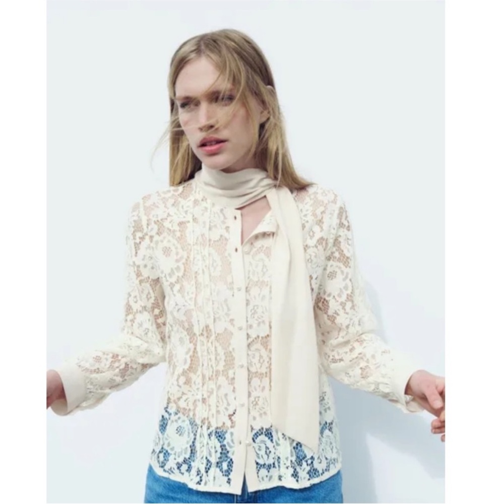 New Zara Cream Lace Blouse with Tie -NWR